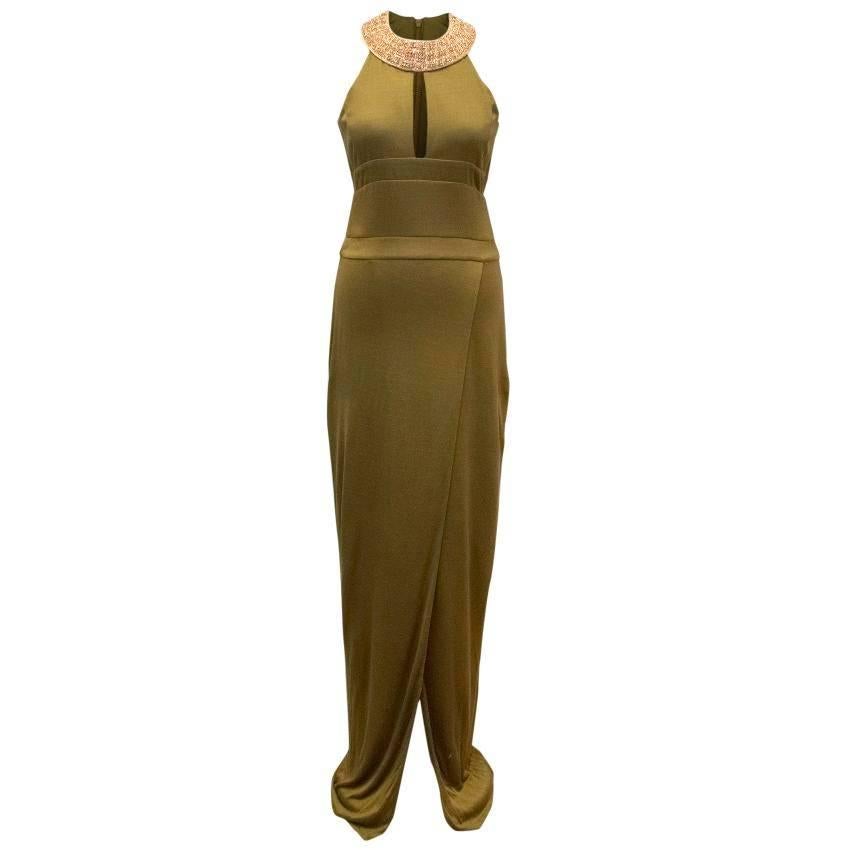 Balmain Khaki Fitted Gown with Gold Embellished Neckline For Sale