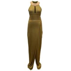 Balmain Khaki Fitted Gown with Gold Embellished Neckline