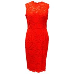 Valentino Red Lace Fitted Midi Dress