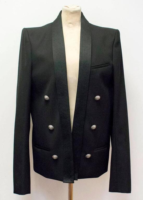 Profile Menu BALMAIN cotton blend denim style jacket/blazer size 36 (fits 38 too) with padded shoulders and double breasted down front. Form fitting and sharp cut.