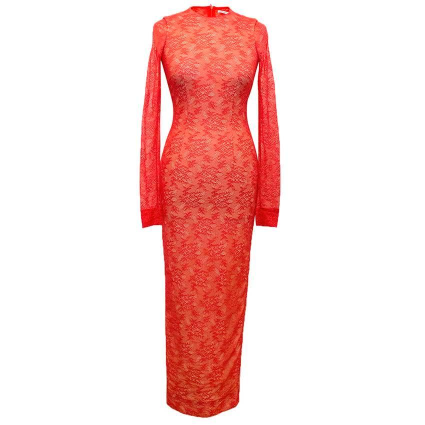 Alessandra Rich Red Long Sleeved Lace Dress For Sale