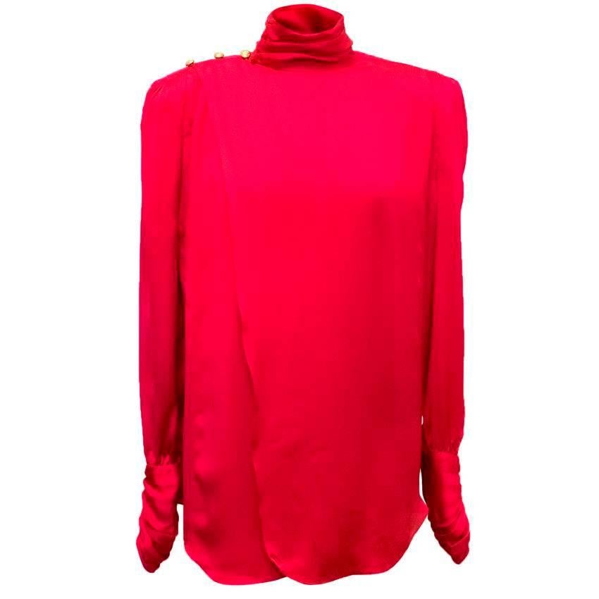 Balmain Fuchsia Silk Ruched High Neck Blouse For Sale