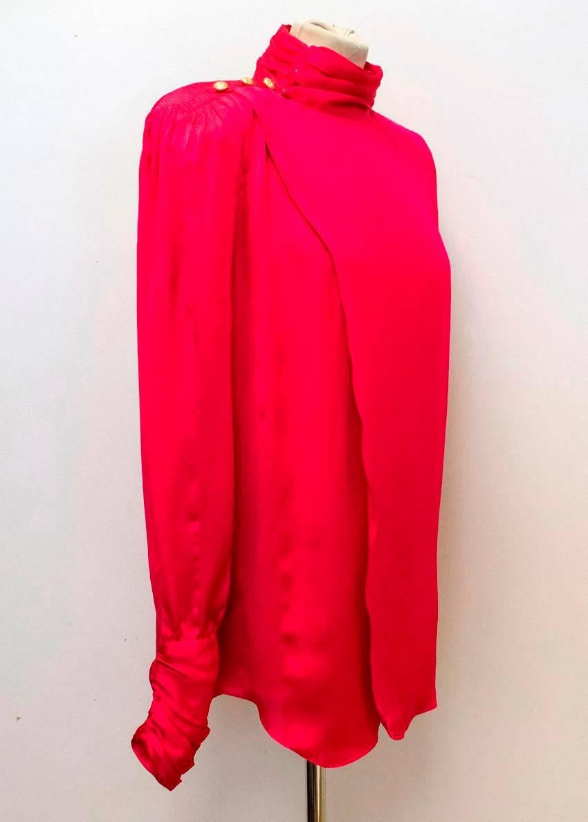 Red Balmain Fuchsia Silk Ruched High Neck Blouse For Sale