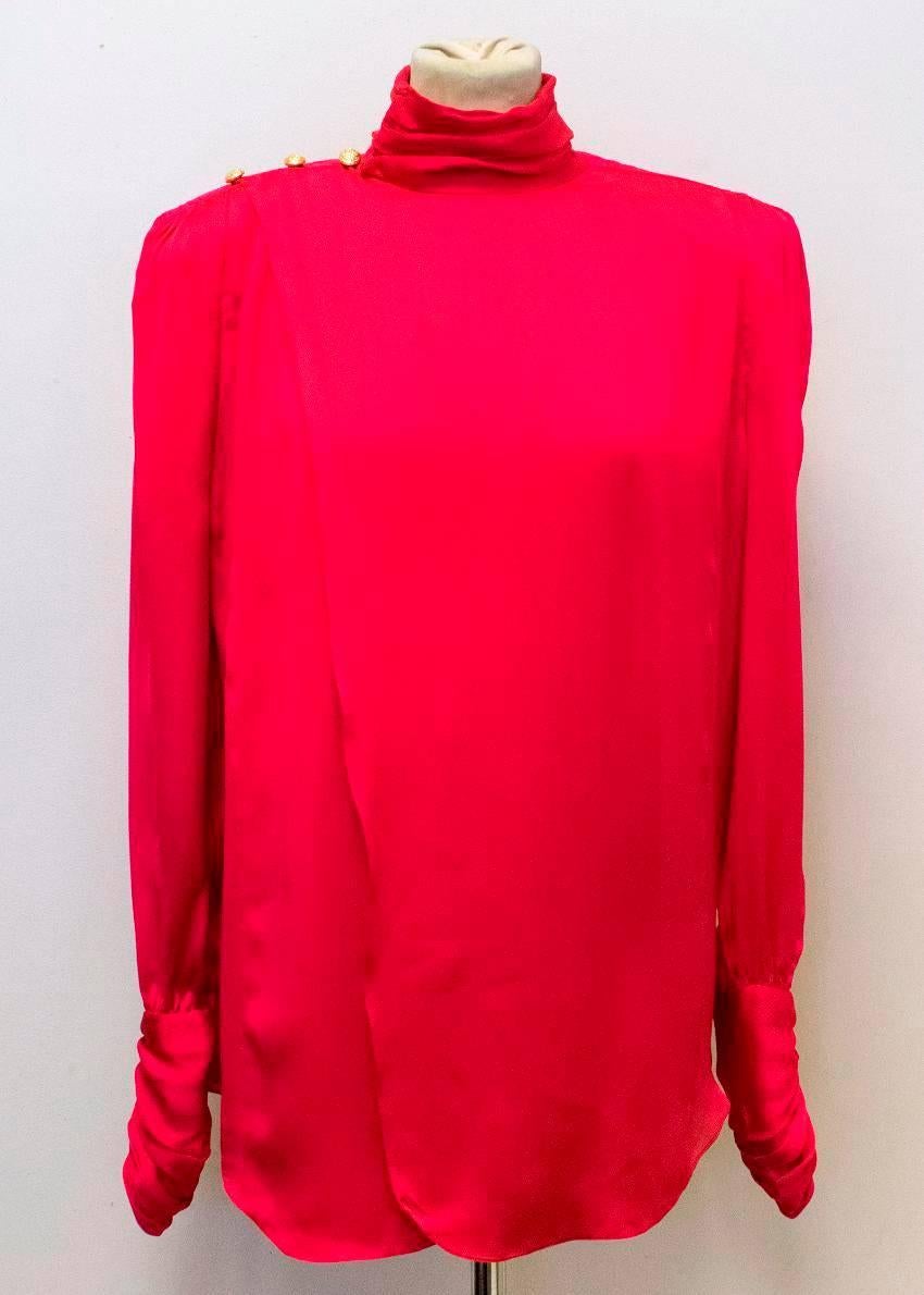 Women's Balmain Fuchsia Silk Ruched High Neck Blouse For Sale