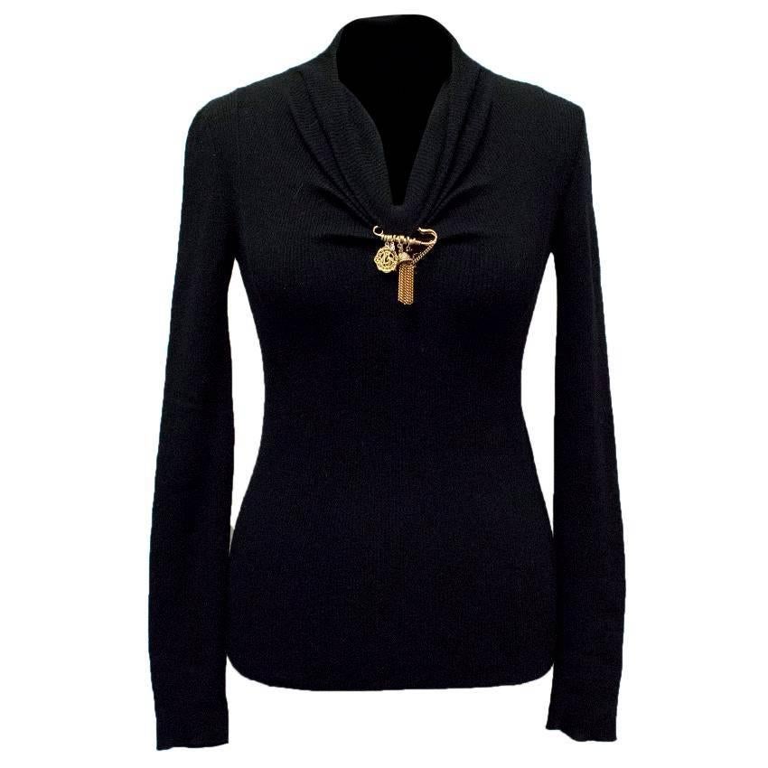 Dolce & Gabbana Black Knit Jumper with Gold Brooch For Sale