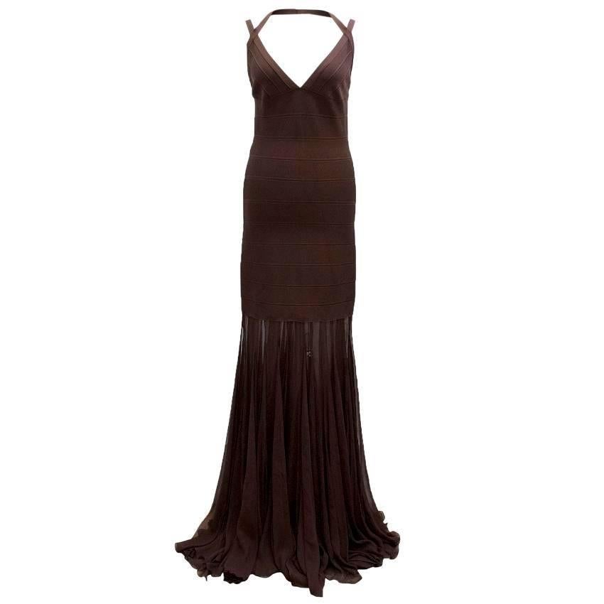 Herve Leger Brown Floor Length Dress With Chiffon For Sale