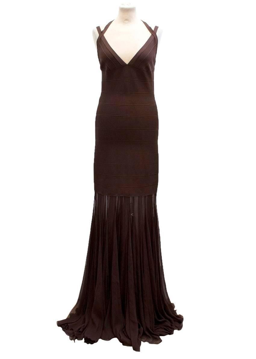 Women's Herve Leger Brown Floor Length Dress With Chiffon For Sale