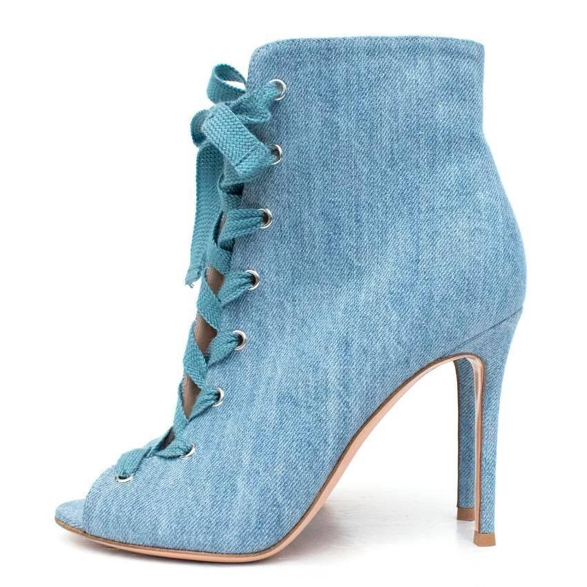 Blue Gianvito Rossi Lace-Up Denim Ankle Boots For Sale