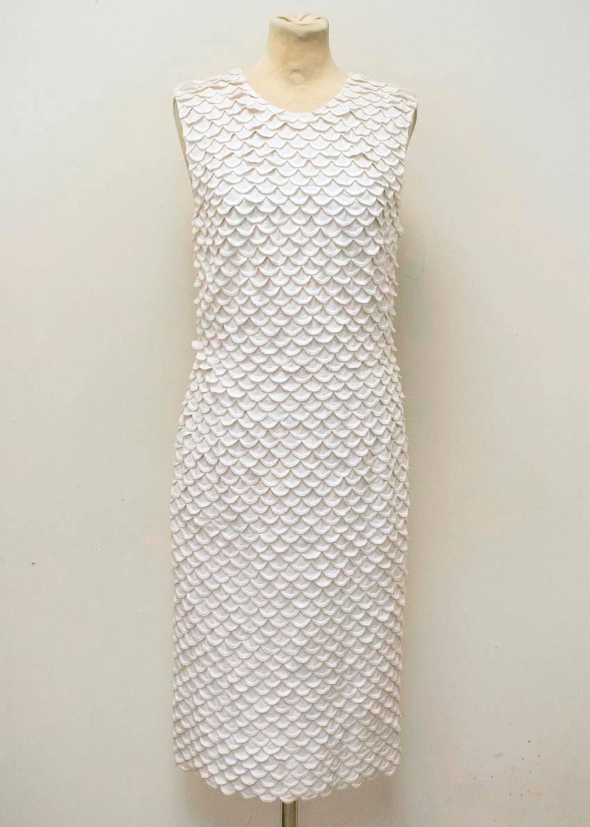 Stella McCartney fitted, mid length, sleeveless, scoop neck dress with a white textured fish scale design and a white mesh back. 

Condition: 9.5/10. There is some very minor wear on the fabric from storage.

Fabric: 100% Polyamide

Approx