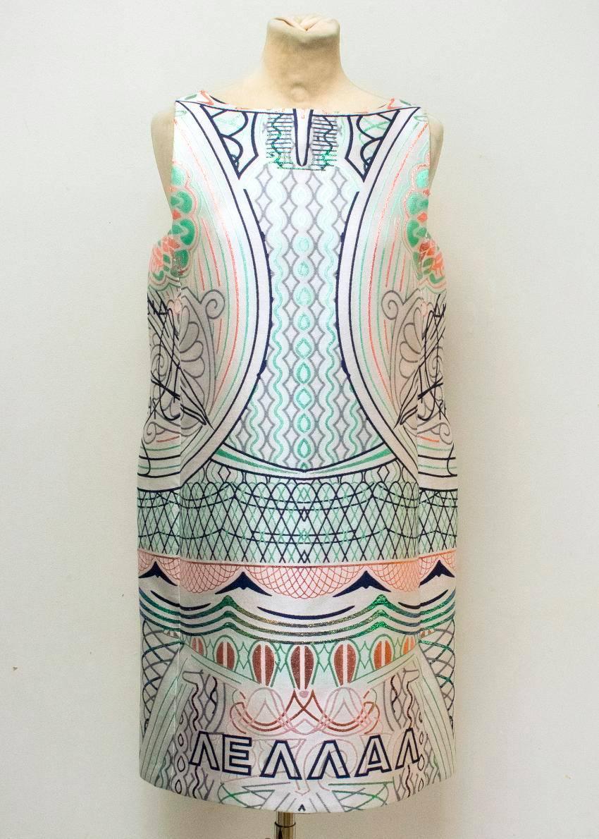 Mary Katrantzou sleeveless, knee length shift dress with a bateau neckline. The main body of the dress is pale silver, with a multicoloured metallic liner print over it.

Condition: 10/10

Fabric: 81% Polyester, 19% Silk

Approx Measurements: