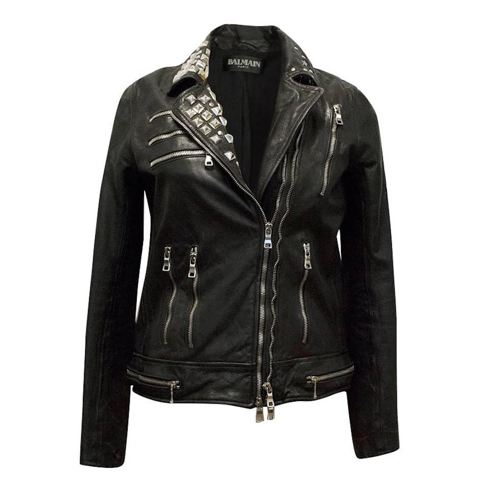 Balmain Studded Black Leather Jacket For Sale