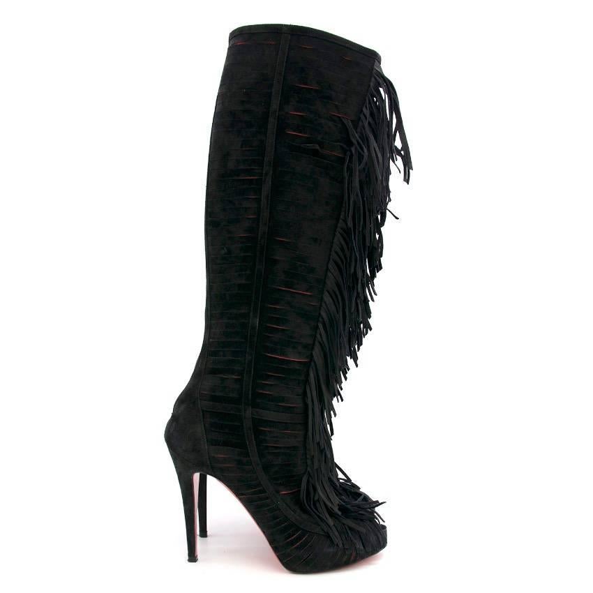 Christian Louboutin knee high cut out boots with tassel detailing, peep toe, zip fastening and signature red bottoms. 

Fabric: Suede. 

UK/IT Size: Size 38 
US Size: Size 8/Size 5 

Approx:
Length- 50cm
Heel to toe- 19cm
Width- 7cm
Heel- 12cm