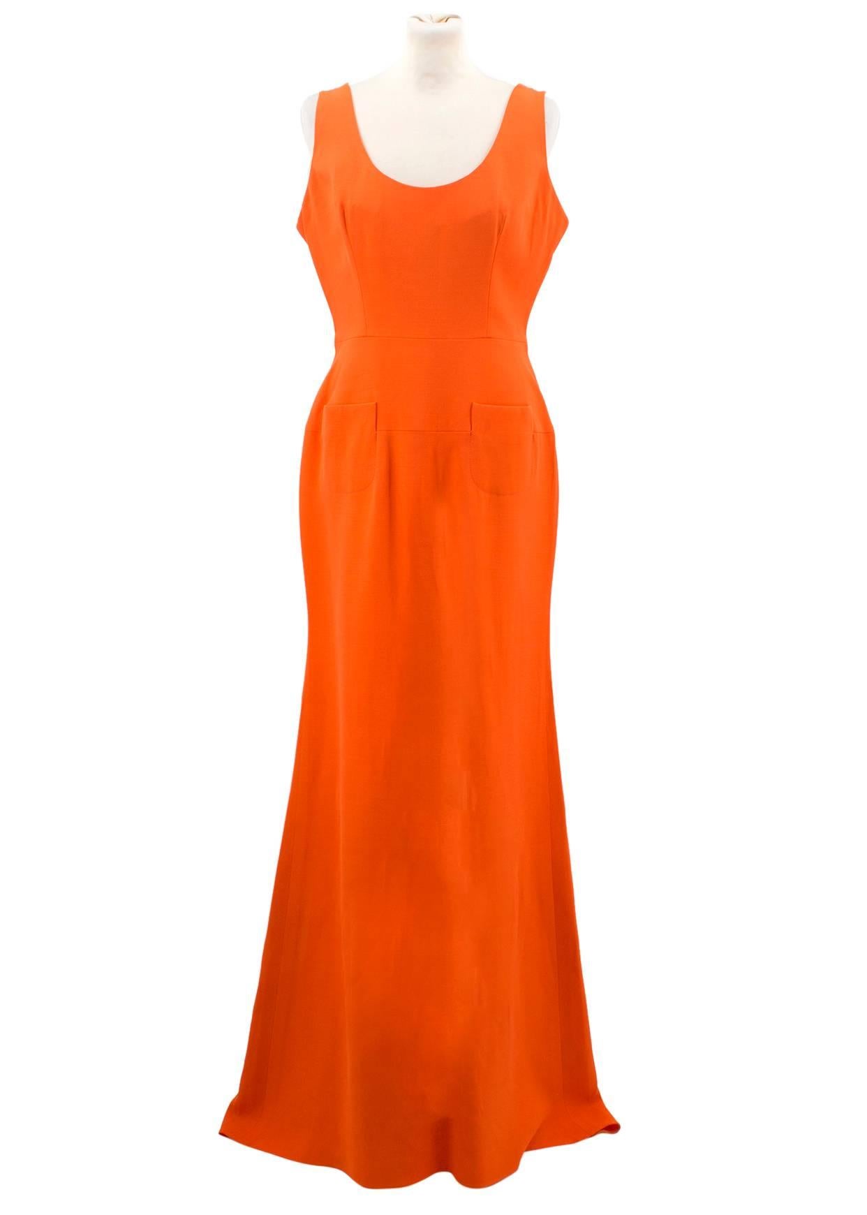 Victoria Beckham Tangerine Double Crepe Scoop Neck Floorlength gown. 

Made in England. 

SS12. 
Double Crepe. 
Scoop neck floorlength.

Features a scoop neckline, grey shoulder straps, two front pockets and a concealed zip at back of the dress.