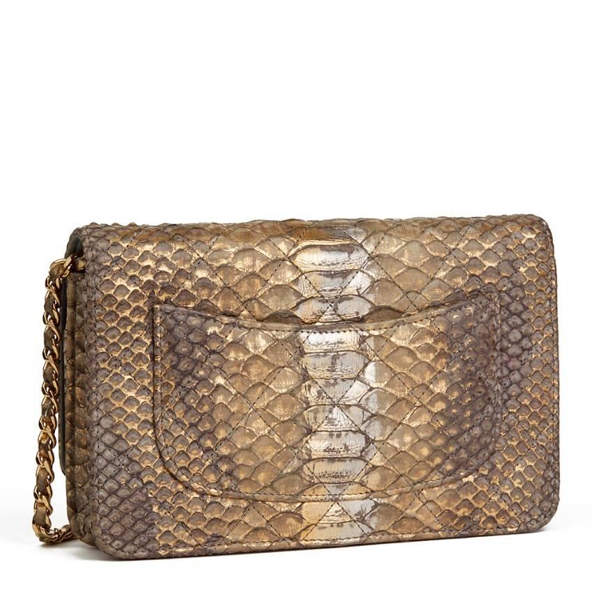 Chanel Metallic Grey and Gold Python Leather Wallet-On-Chain WOC For Sale 2