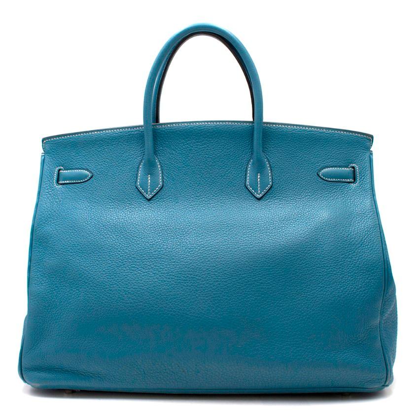  Hermes Blue Jean Clemence Leather 40cm Birkin Bag 

- Age (Circa) - L in a square - 2008
- Blue Jean discontinued colour with white contrasting stitching
- Palladium hardware
- Two rolled leather top handles
- One interior compartment with two