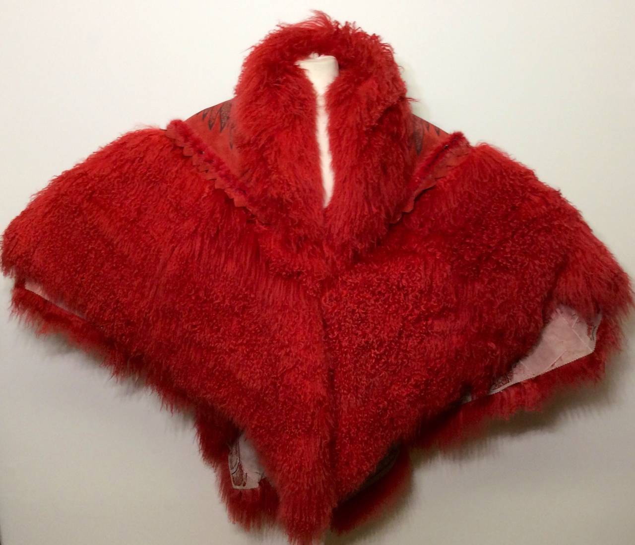 Red Rare Vintage 1986 Zandra Rhodes Limited Reversible Hand Painted Fur Cape