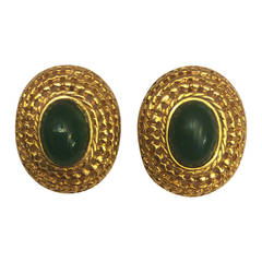 Vintage Les Bernard Emerald Green Cabochon Gold Clip On Earrings