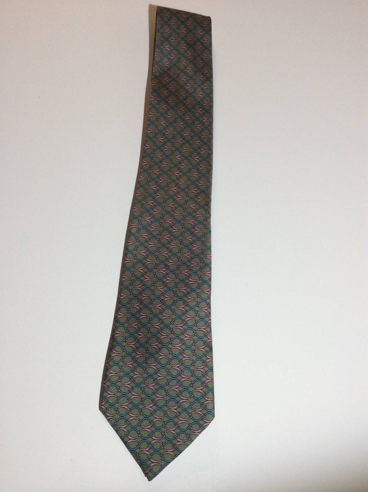 Hermes Equestrian Geometric 7145 FA Silk Tie with blue, pink and olive.