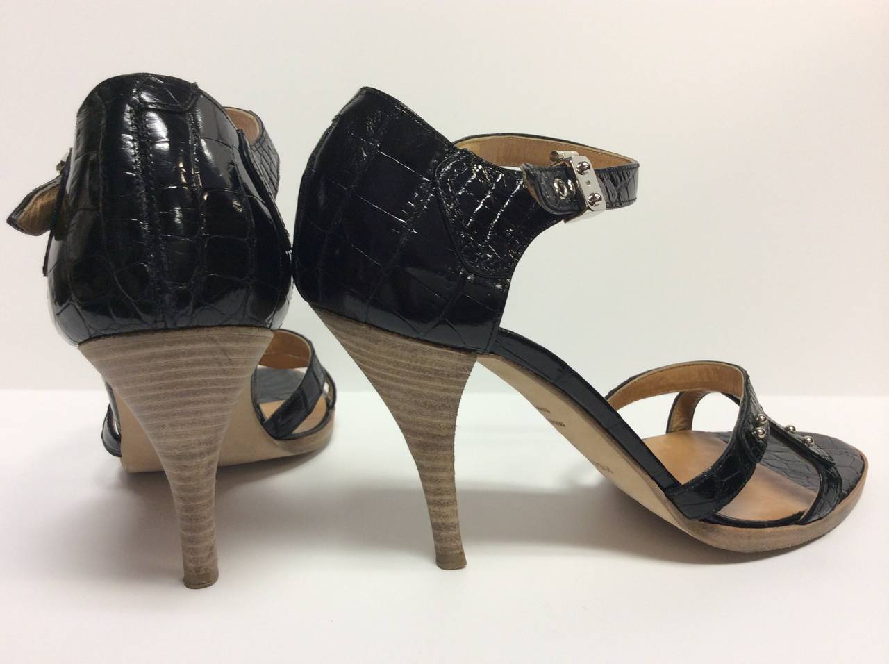 Women's Hermes Paris Black Croc Double Strap High Heels 39 For Sale
