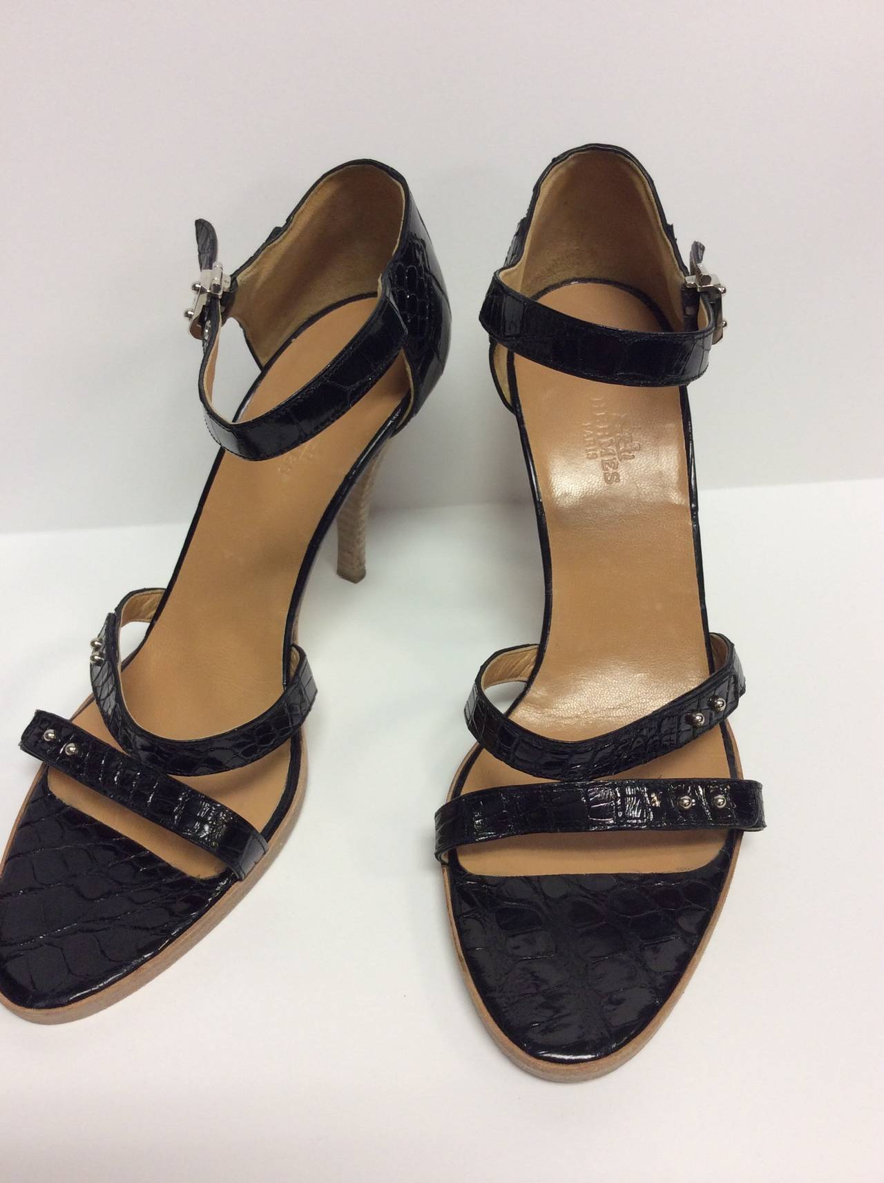 Hermes Paris Black Croc Double Strap High Heels 39 For Sale 1