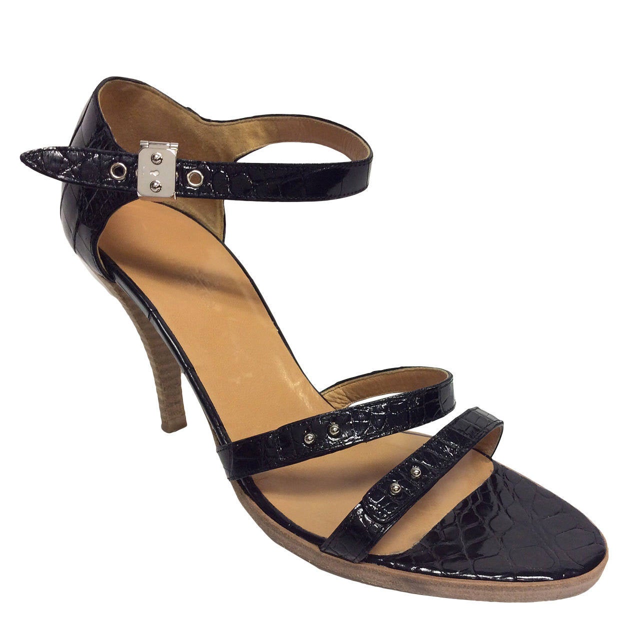 Hermes Paris Black Croc Double Strap High Heels 39 For Sale