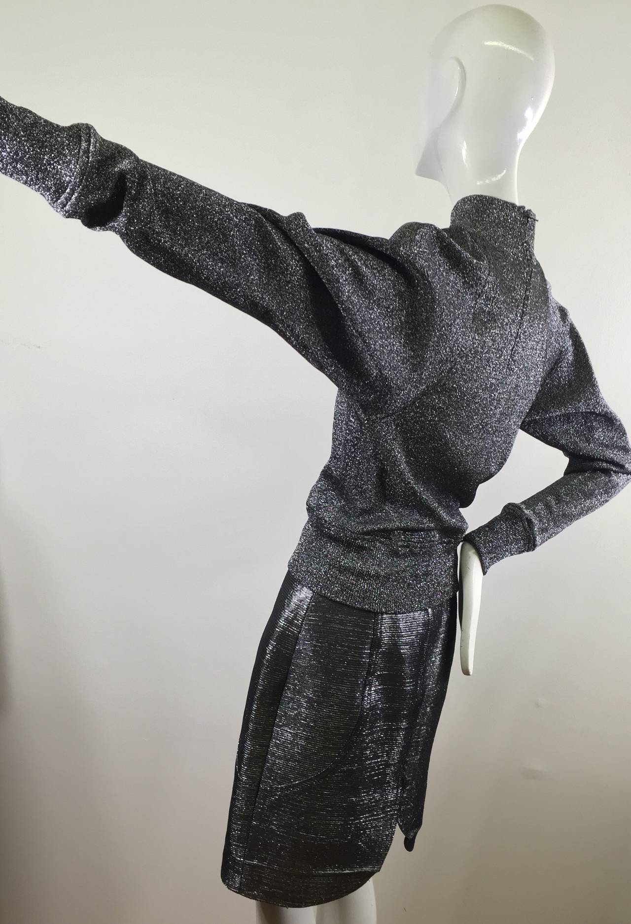 Charles Jourdan Silver Pencil Skirt & Sweater Top 38 For Sale 1