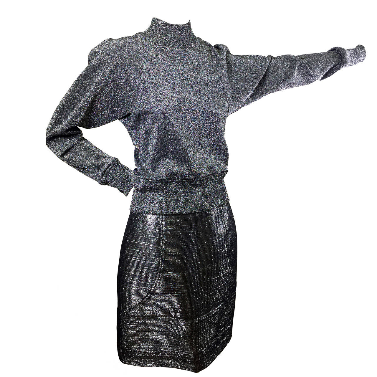 Charles Jourdan Silver Pencil Skirt & Sweater Top 38 For Sale