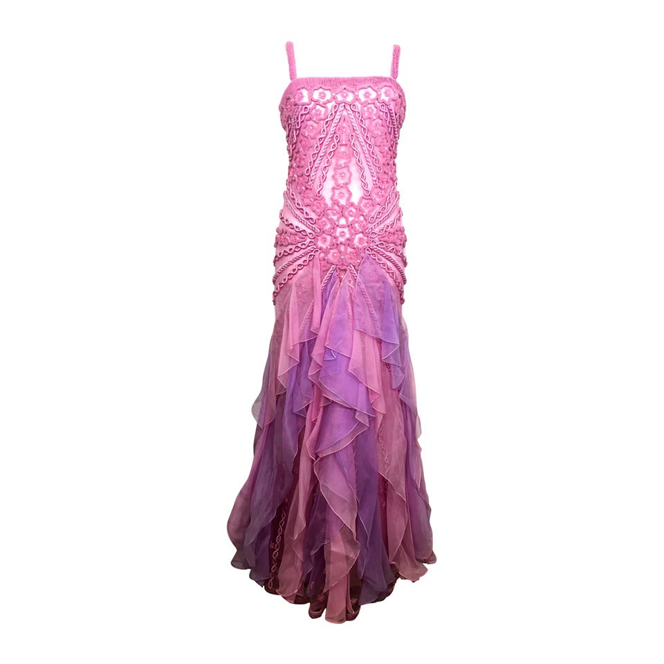 Valentino Incredible Beaded Silk Chiffon Pink & Purple Gown 8 For Sale