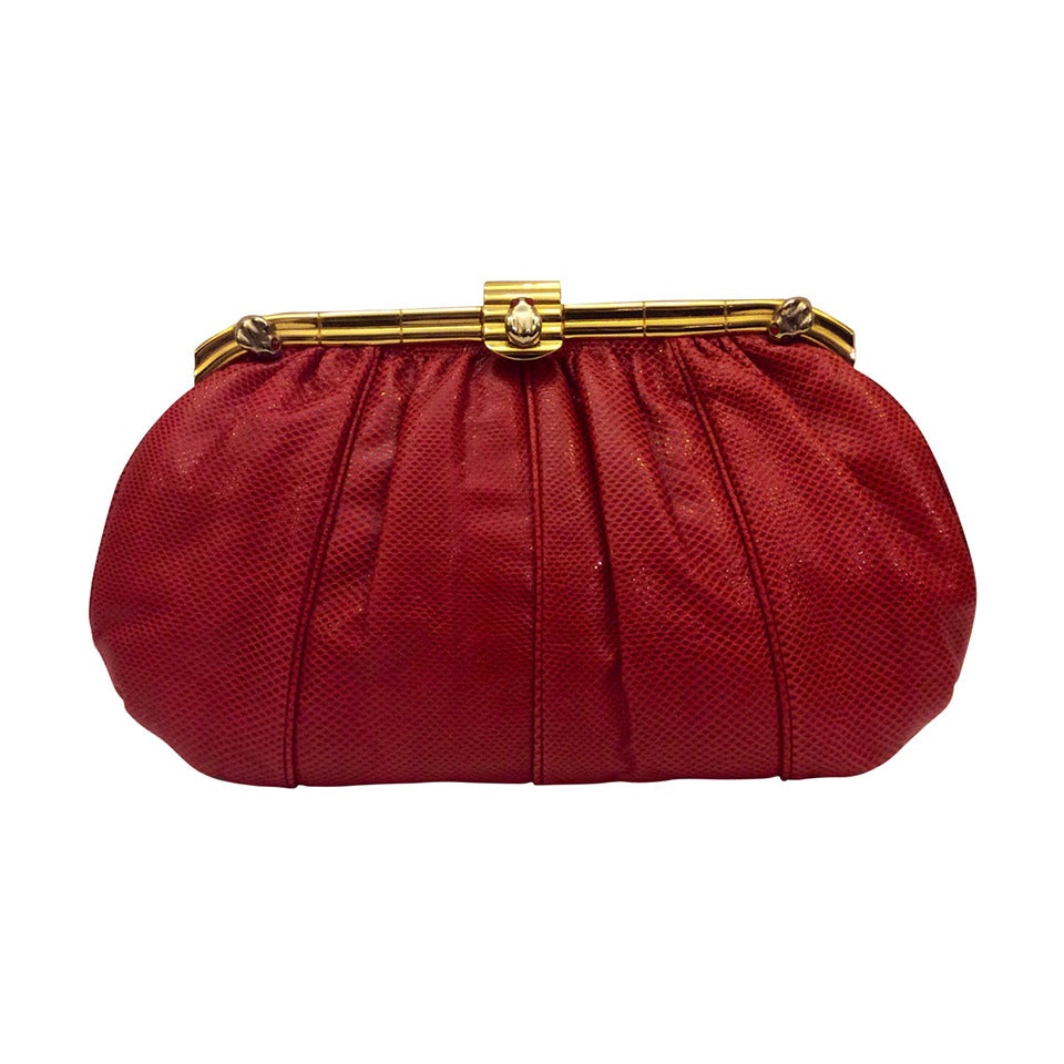 Vintage Judith Leiber Red Lizard Clutch Frog Detail For Sale