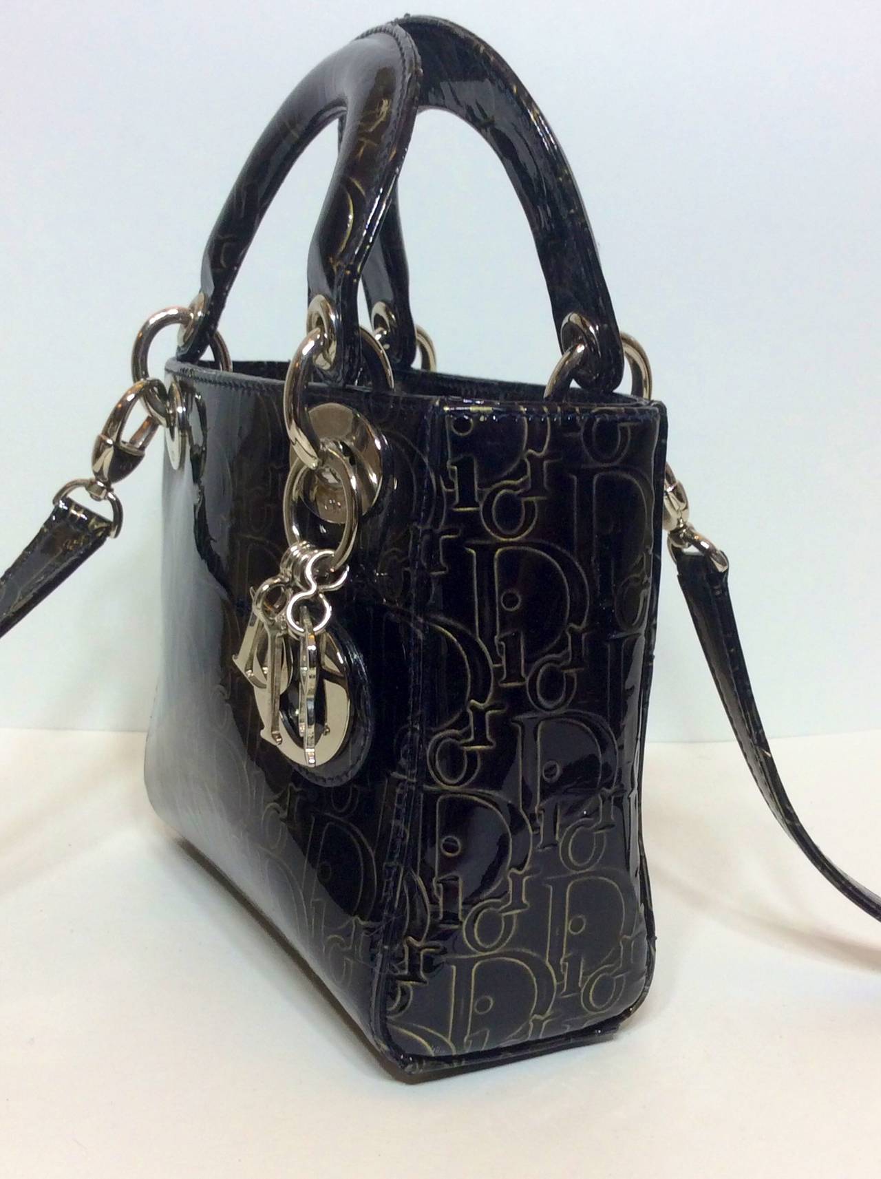 Christian Dior Rare Mini Lady Dior Monogram Patent Leather Top Handle Handbag In Excellent Condition In Lake Park, FL