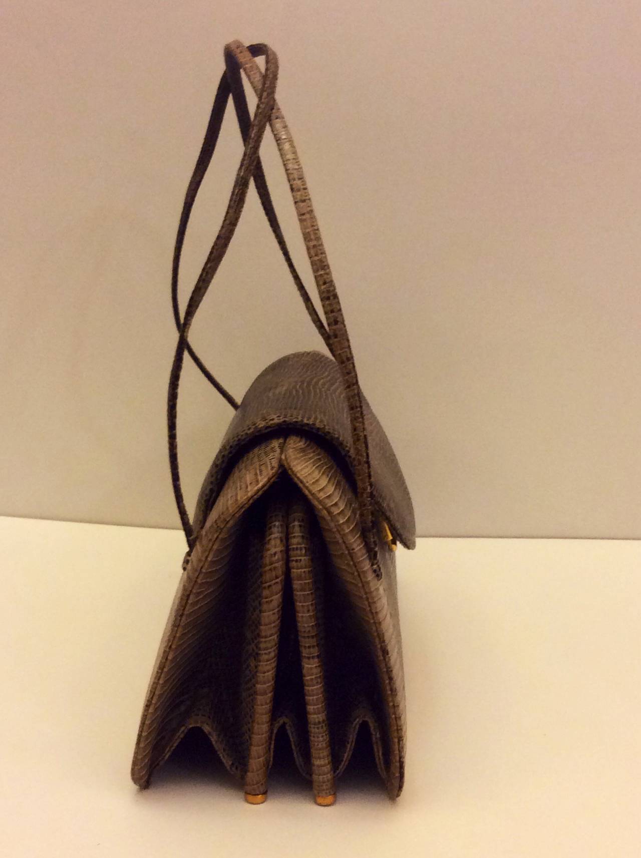 Vintage Judith Leiber Mocha Lizard Multi Compartment Handbag