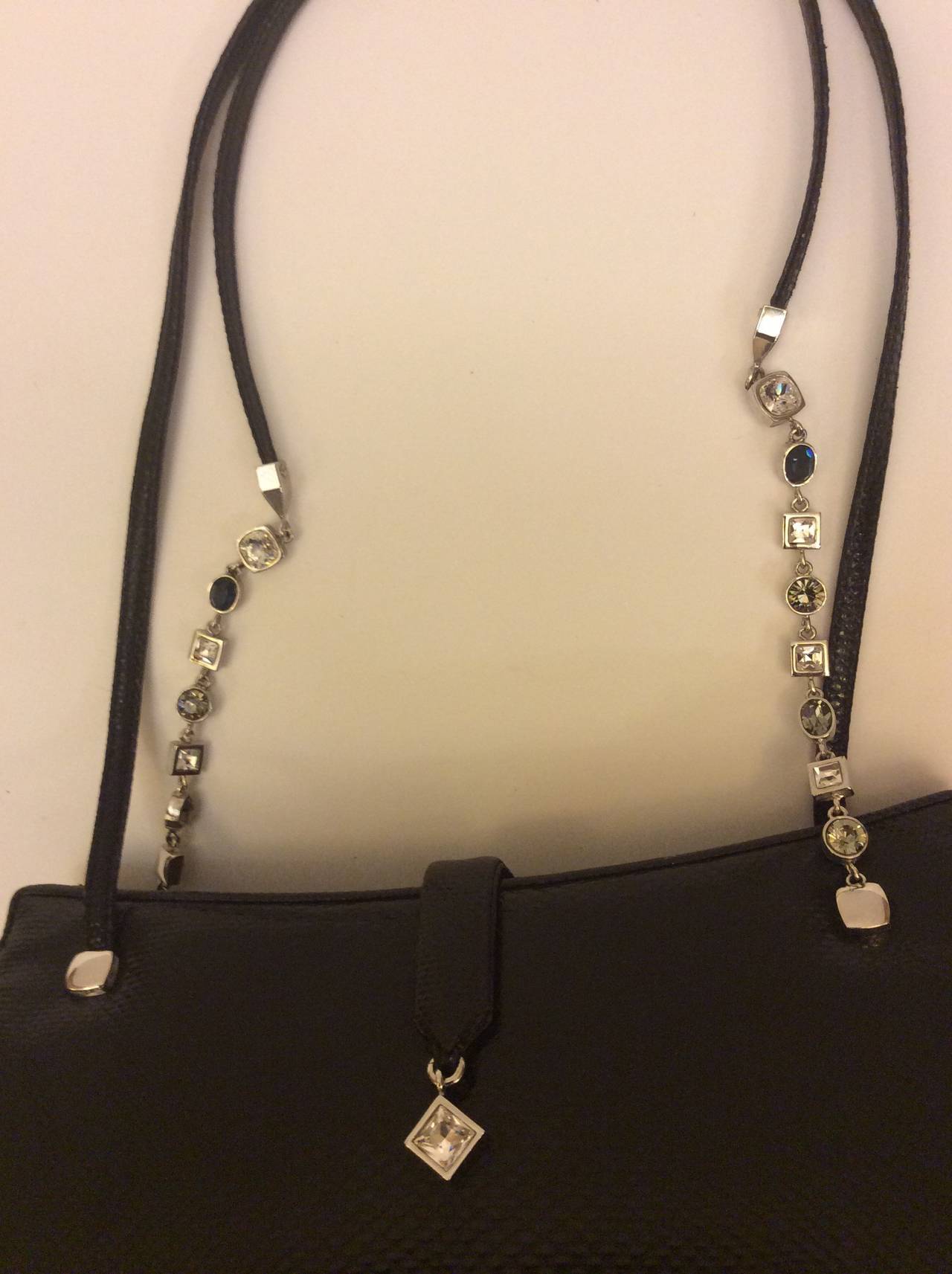 Judith Leiber Black Lizard Double Side Swarovski Crystal & Sapphire Straps In Excellent Condition For Sale In Lake Park, FL