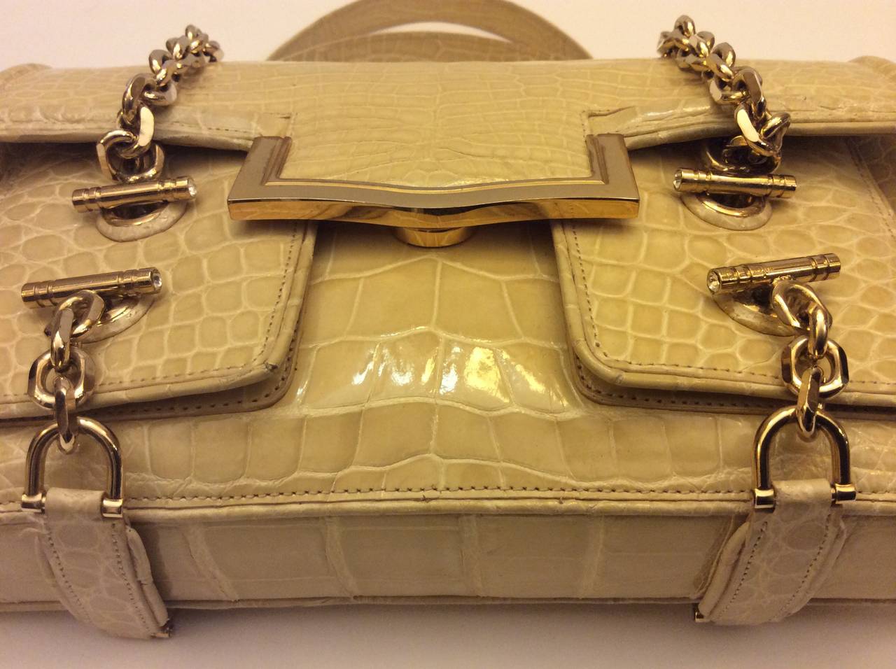 Brown Judith Leiber Buttercream Crocodile Multi Pocket Flap Handbag For Sale