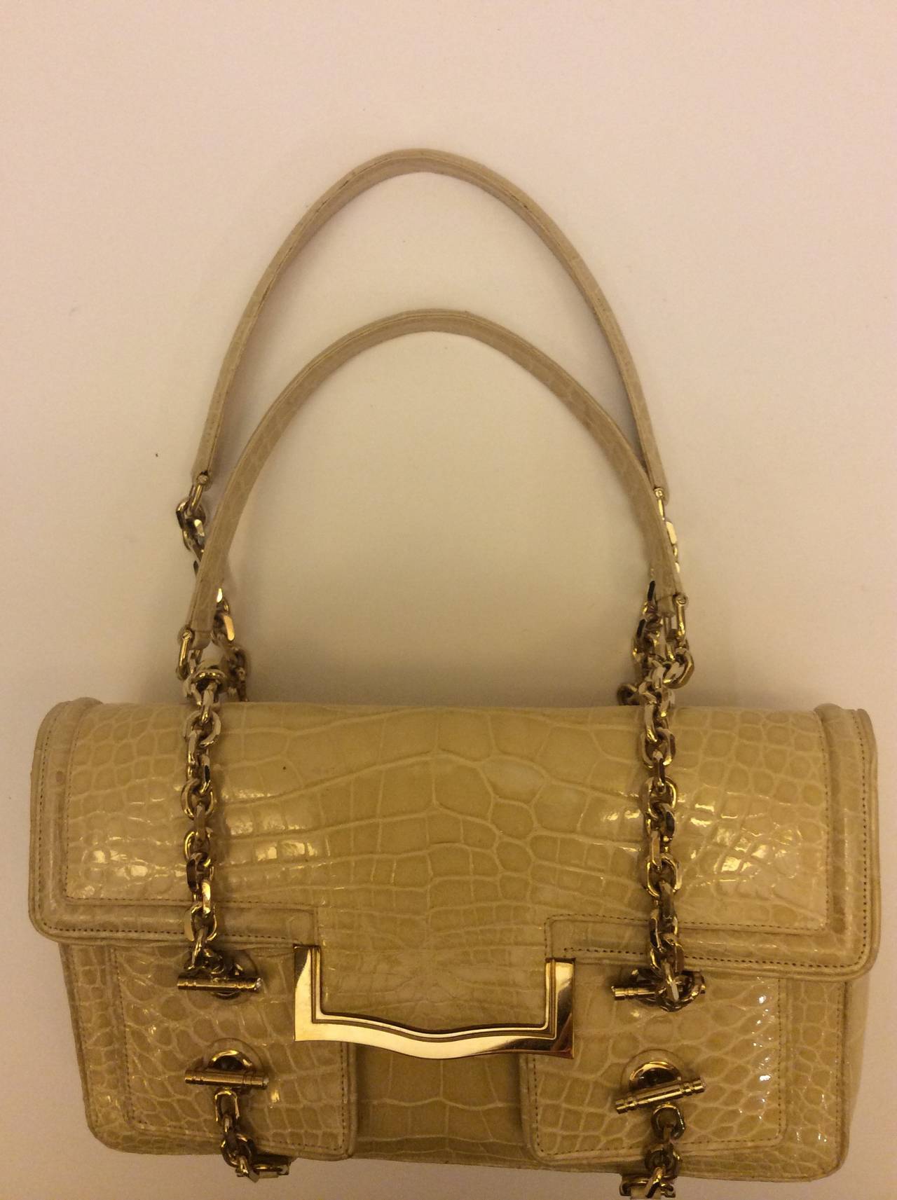 Judith Leiber Buttercream Crocodile Multi Pocket Flap Handbag In Excellent Condition For Sale In Lake Park, FL