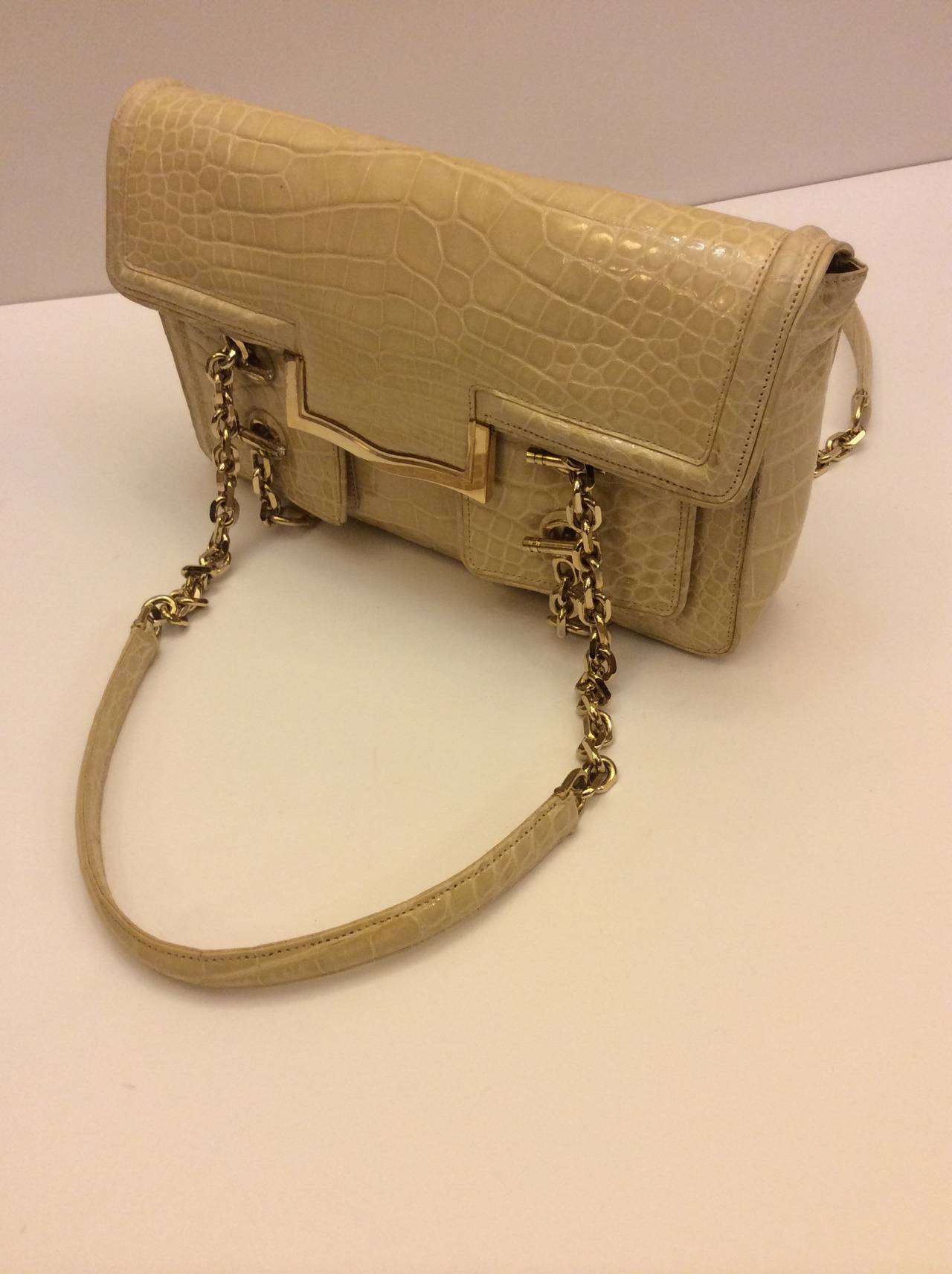 Judith Leiber Buttercream Crocodile Multi Pocket Flap Handbag For Sale 1