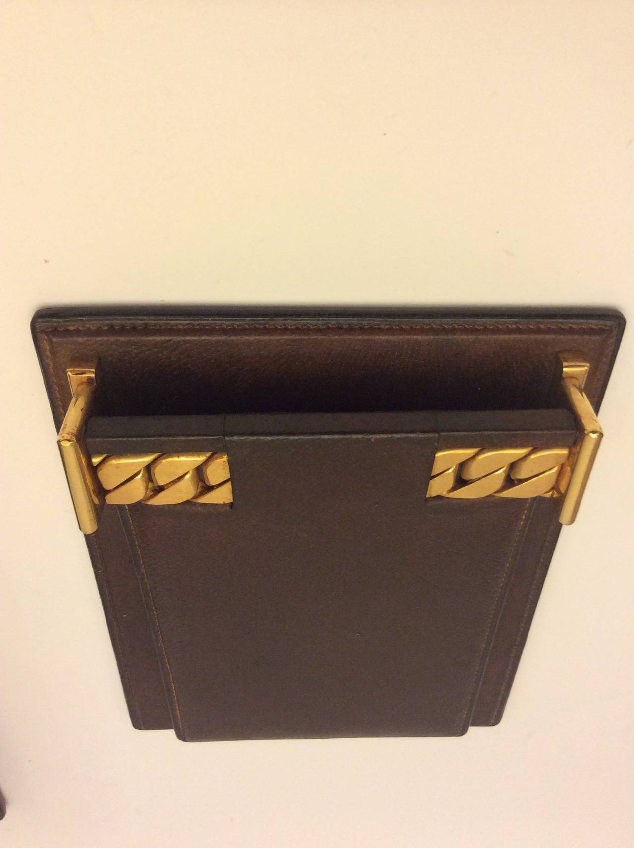 Black Vintage Gucci Desktop Brown Leather Paper-tray & Notepad Gold Chain For Sale