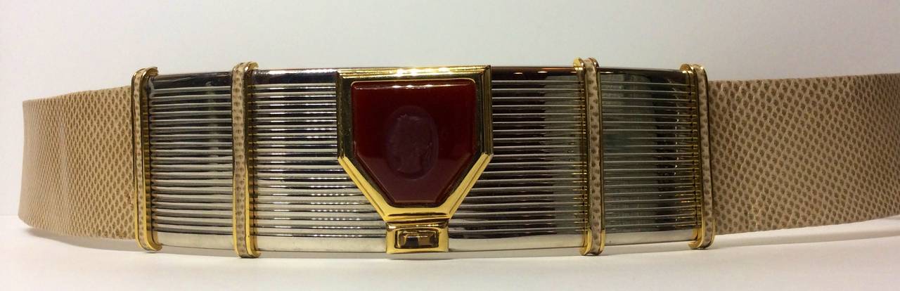 Vintage Judith Leiber Silver Bar Cameo Crest Lizard Adjustable Belt