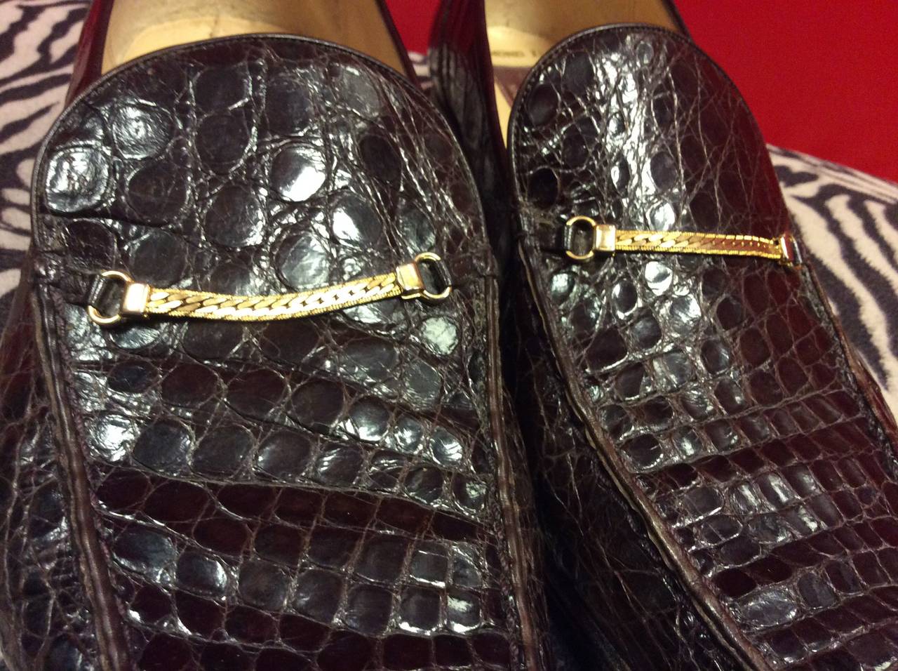 Black Vintage Bally Diamond Mens Caiman Crocodile Loafer For Sale