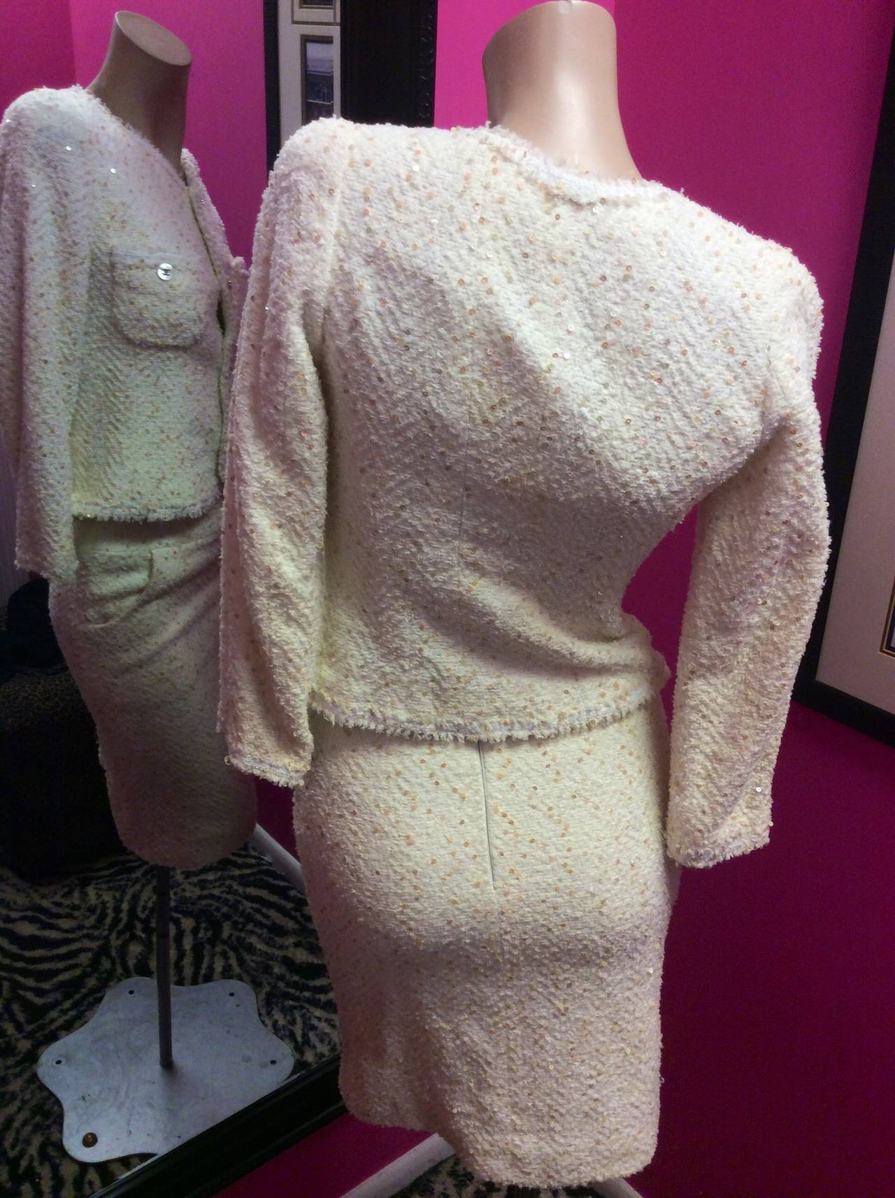 Vintage 97P Chanel Ivory Boucle Tweed Lesage Sequins Jacket Skirt Suit 36 3