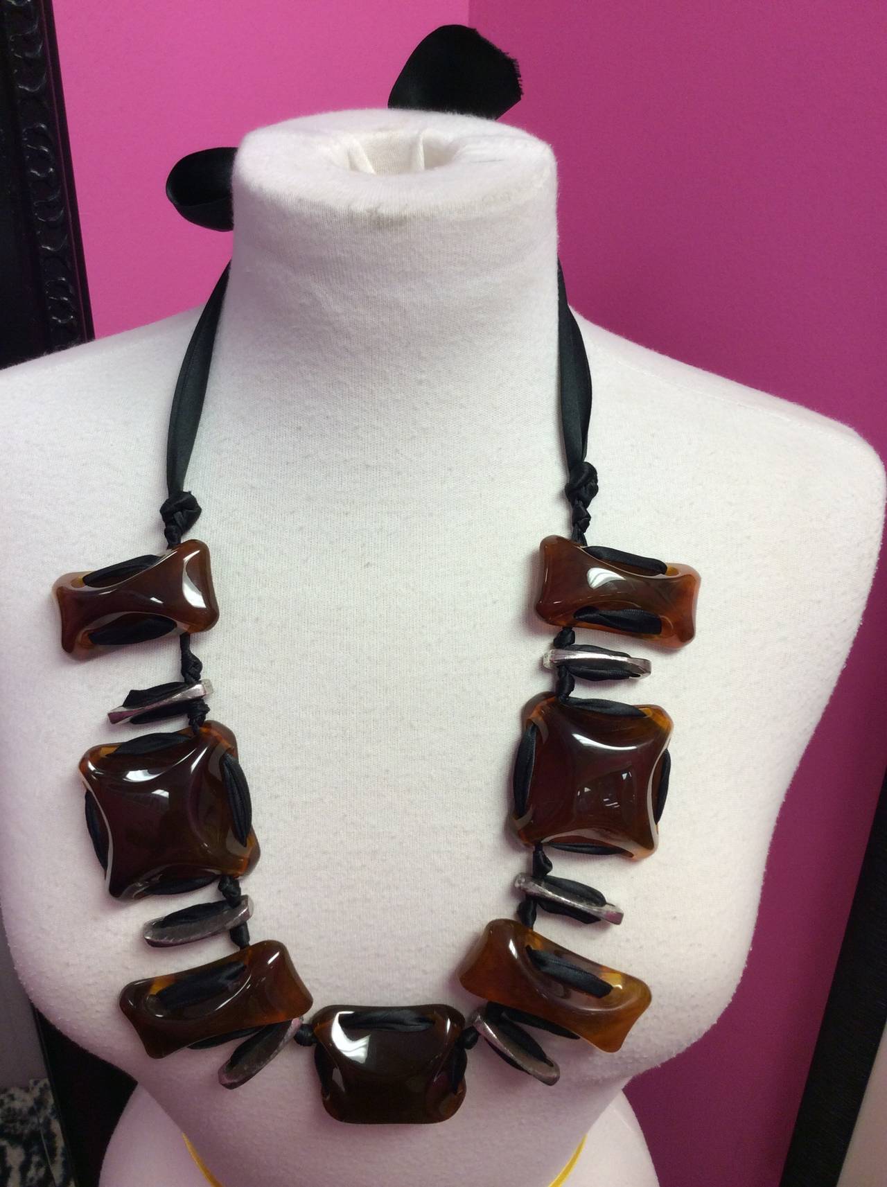LANVIN Amber Silver Chunks on Ribbon Stunning Necklace In Excellent Condition For Sale In Lake Park, FL