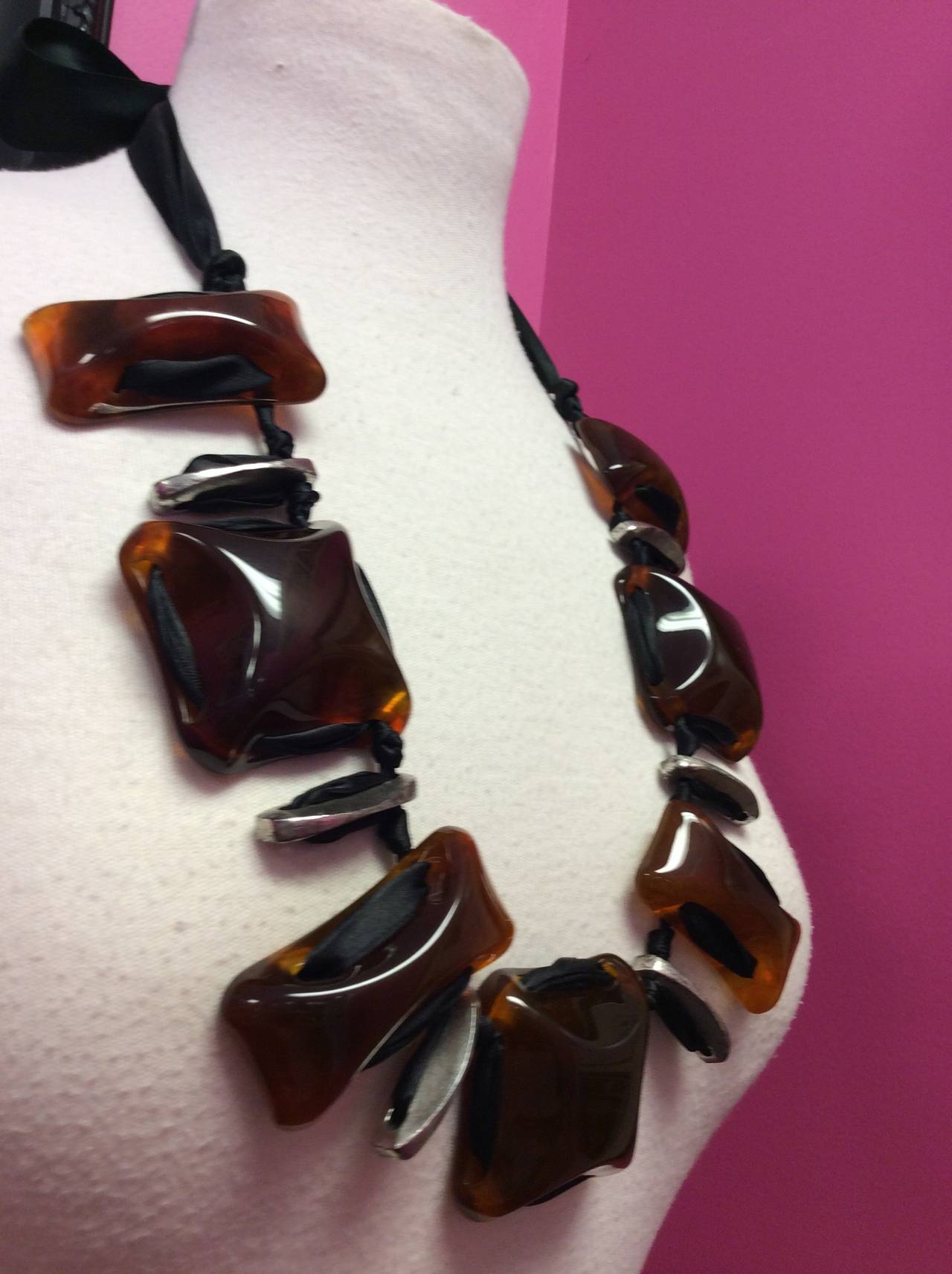 Women's LANVIN Amber Silver Chunks on Ribbon Stunning Necklace For Sale