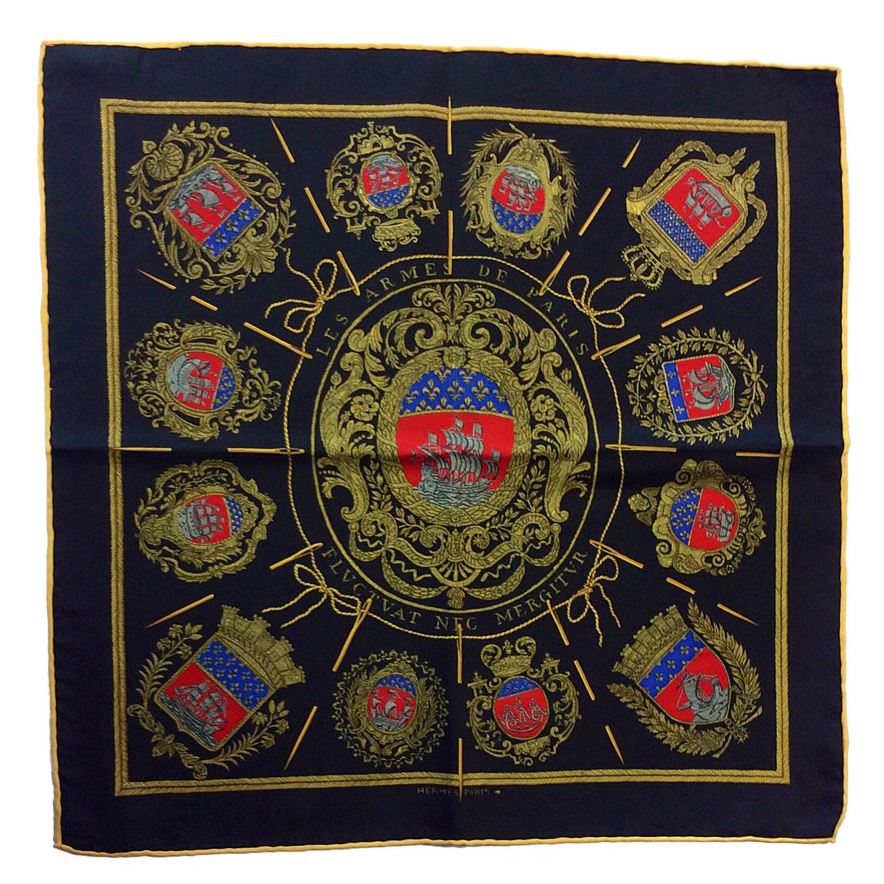 Vintage Hermes Les Armes De Paris Silk Pocket Square Neiman Marcus