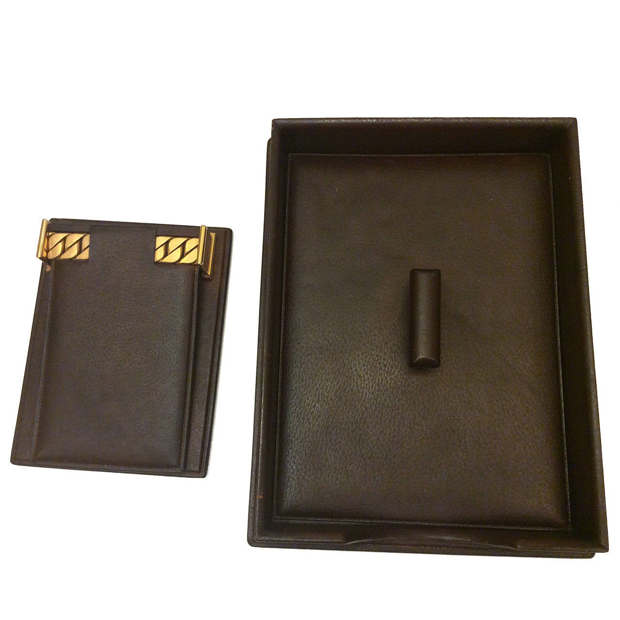 Vintage Gucci Desktop Brown Leather Paper-tray & Notepad Gold Chain For Sale