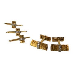Vintage Tiffany & Co 18k Yellow Gold & Diamonds Bar Cufflinks & Studs Tux Set