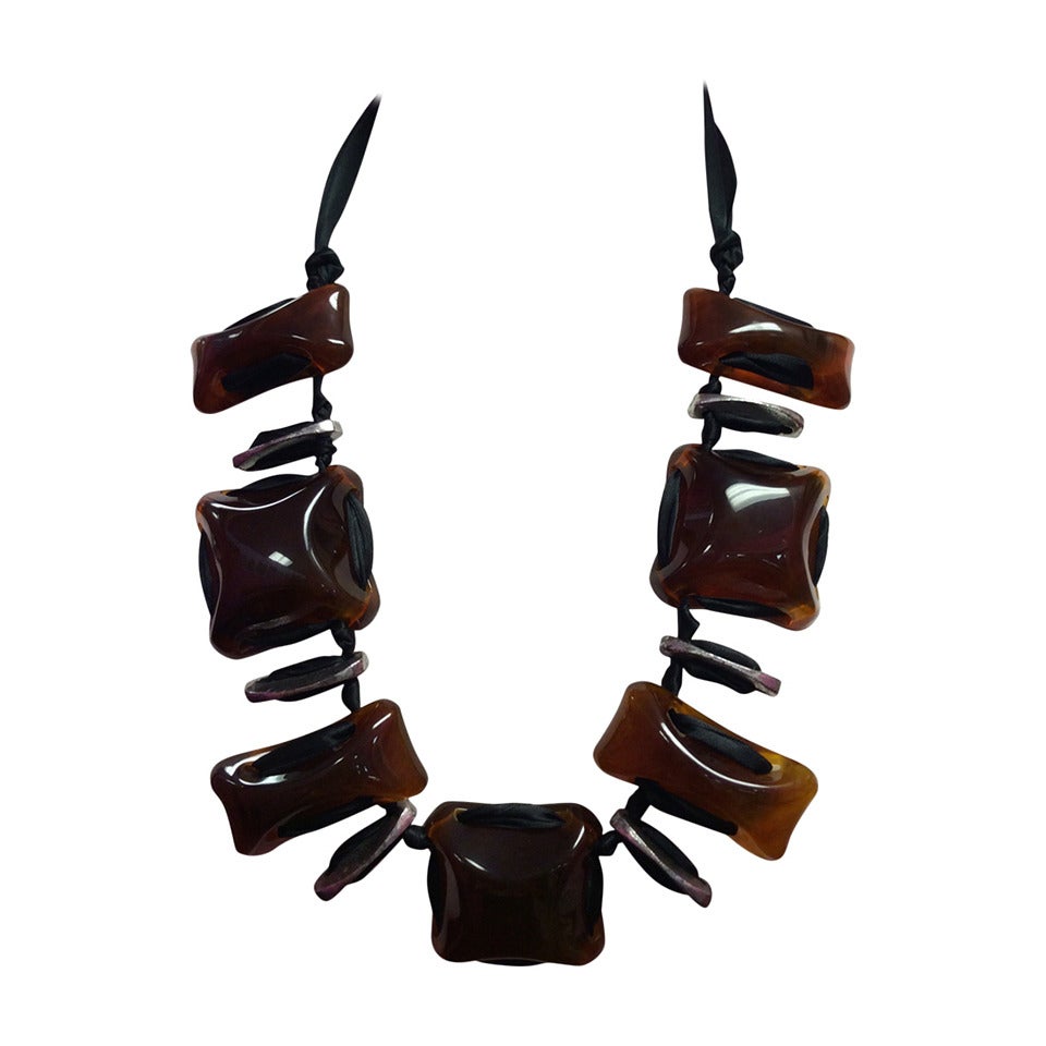 LANVIN Amber Silver Chunks on Ribbon Stunning Necklace For Sale