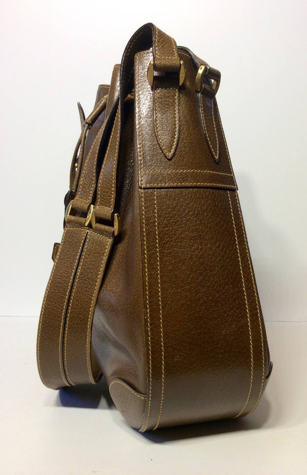 Vintage Gucci Olive Brown Leather Drawstring Tote 6