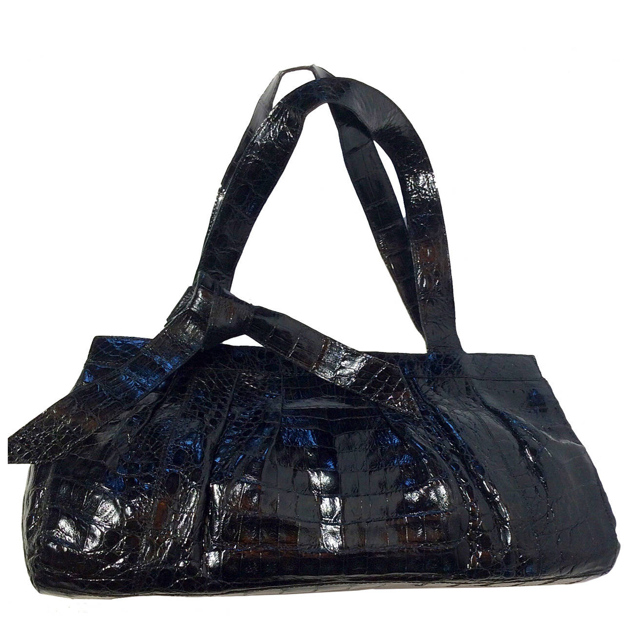 Nancy Gonzalez Black Crocodile Pleated Shoulder Handbag For Sale