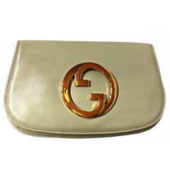 Vintage 1973 Gucci Blondie Beige Leather Flap Clutch Gold GG Logo