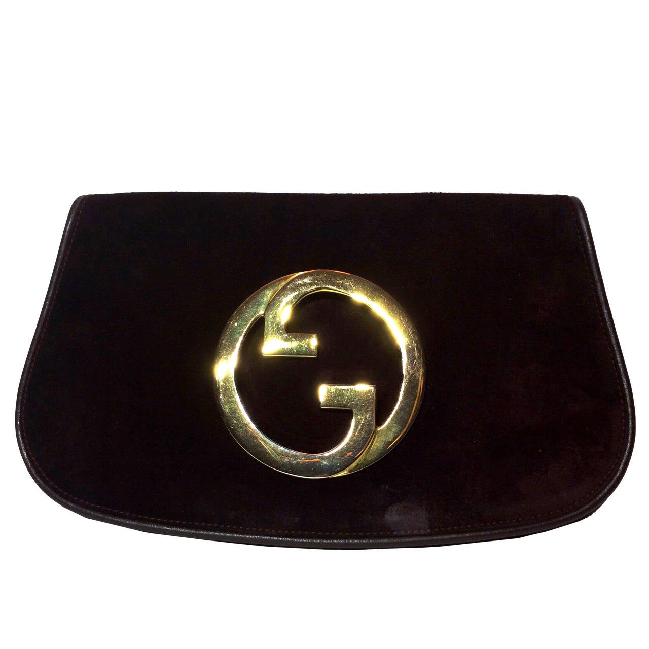 Vintage 1973 Gucci Blondie Chocolate Suede Flap Clutch For Sale