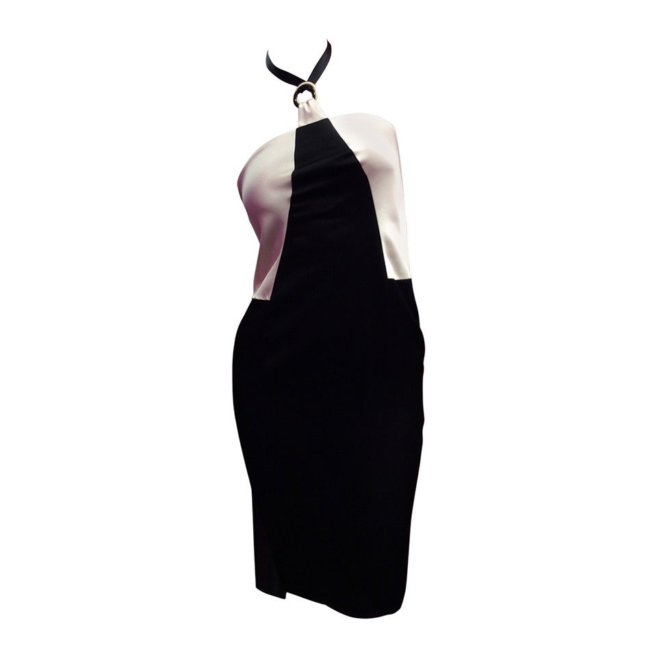Chanel Silk Halter Black & Ivory Dress 34 For Sale